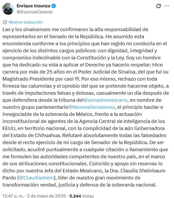 Enrique Inzunza descarta pedir licencia ante investigación de la FGR