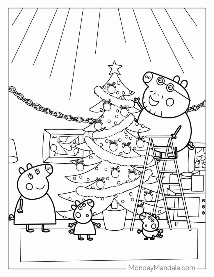 6 dibujos de Peppa Pig poniendo el árbol de Navidad para imprimir y colorear