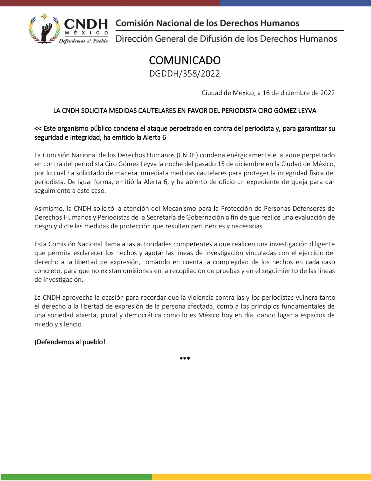 CNDH pide medidas de protección para Ciro Gómez Leyva tras atentado
