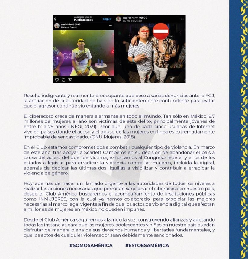 Comunicado del Club América y Club América Femenil para denunciar acoso contra una jugadora del plantel.