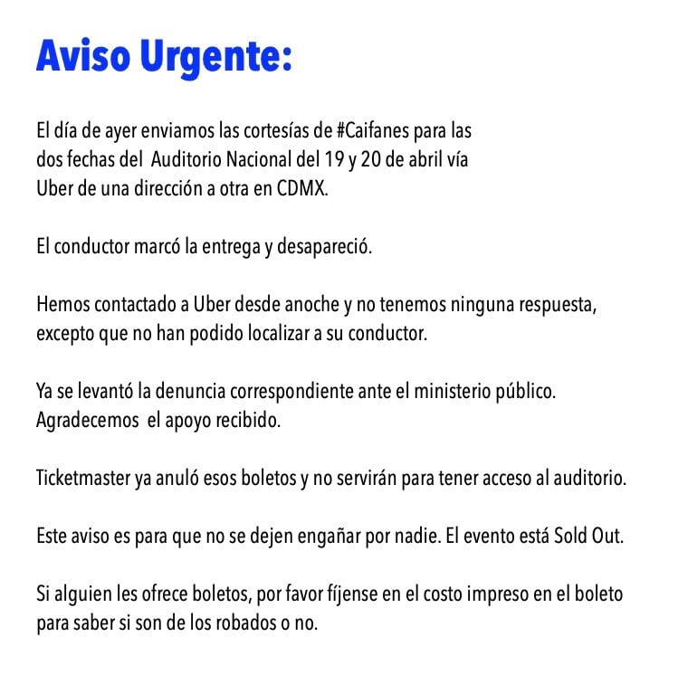 Caifanes denuncia robo de conductor de Uber.