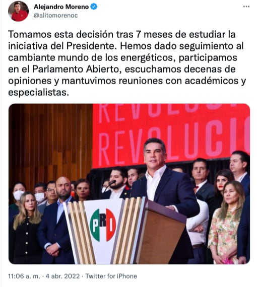 PRI votará en contra de la reforma eléctrica de AMLO/ Twitter de Alejandro Moreno