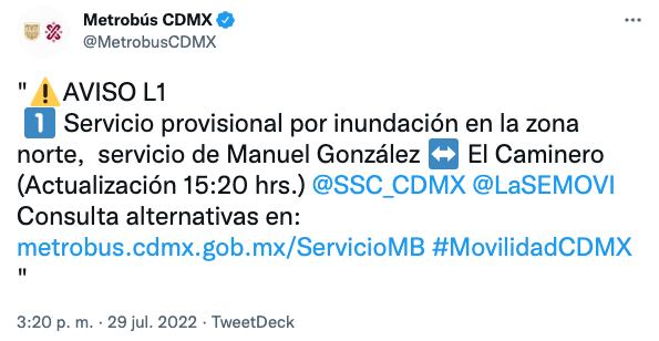 Retrasos en Metrobús por lluvias en CDMX