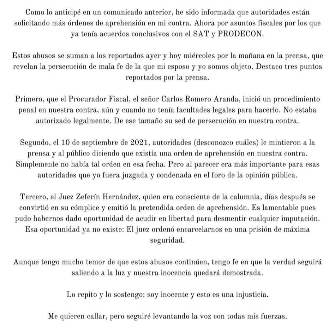 Mensaje de Inés Gómez Mont sobre orden de aprehensión en su contra