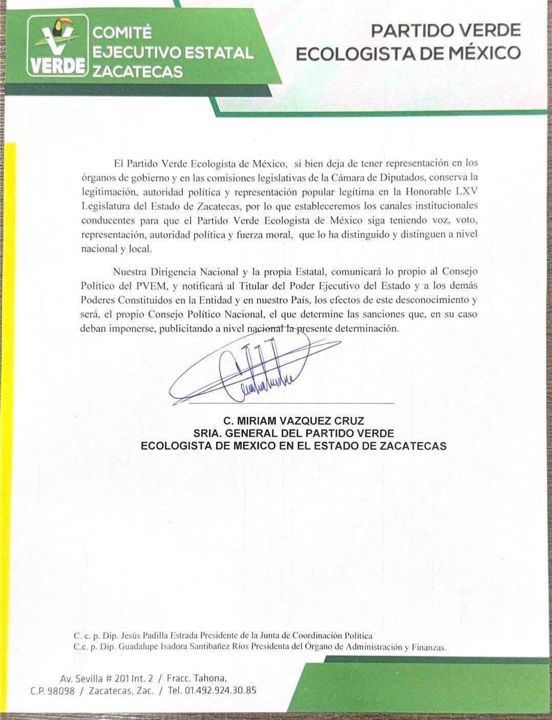 Partido Verde separa a tres diputados de Zacatecas