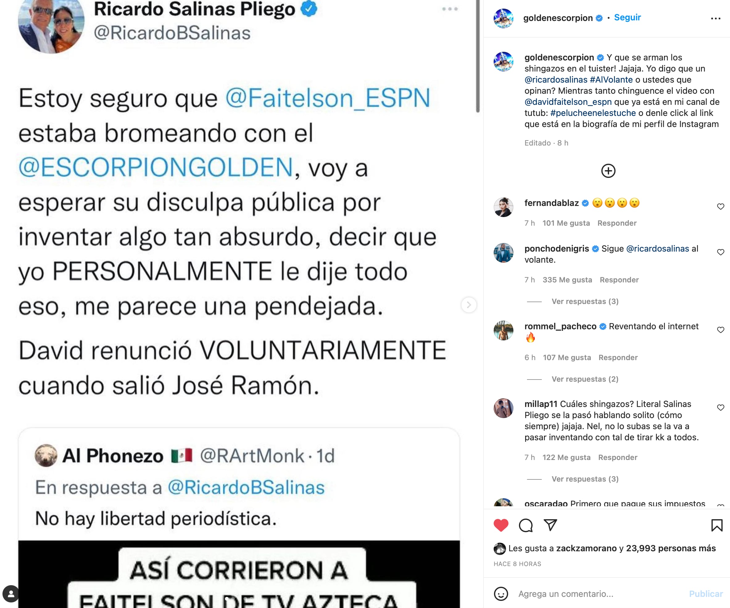 Escorpión Dorada insiste en tener entrevista con Ricardo Salinas Pliego