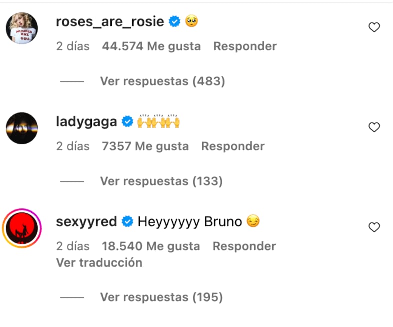 Lady Gaga, Rosé y Sexyy Red comentan post de Bruno Mars