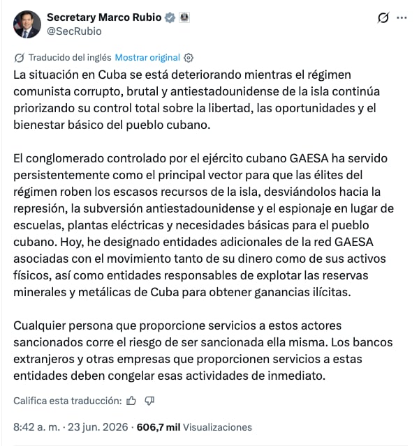 Marco Rubio anuncia nuevas sanciones de Estados Unidos contra Cuba