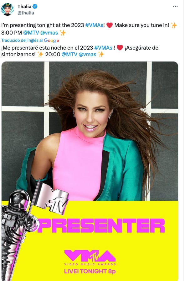 Thalía anuncia presentación en los MTV Music Awards 2023, de último momento.