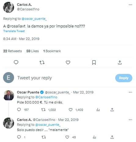 Tuit de Oscar Puente revelando cuánto cobra por concierto Rosalía