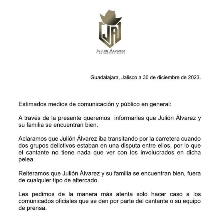 Comunicado oficial de Julión Álvarez que desmiente el atentado contra él y su familia en Chiapas