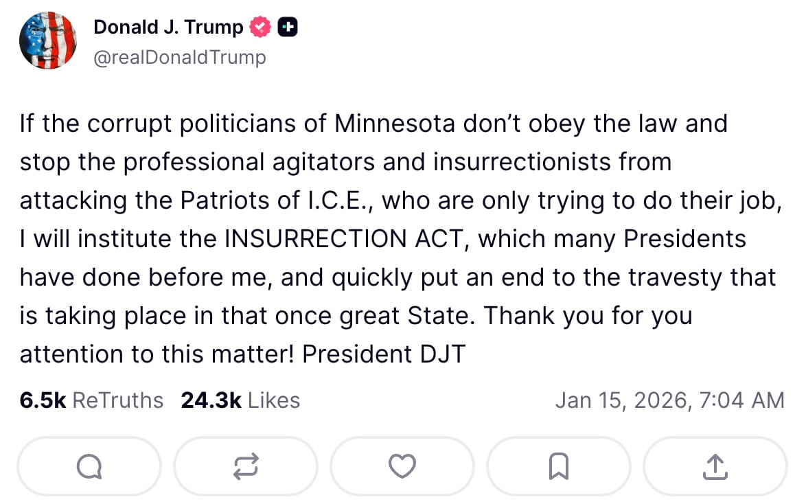 Donald Trump amenaza con usar la Ley de Insurrección en Minneapolis