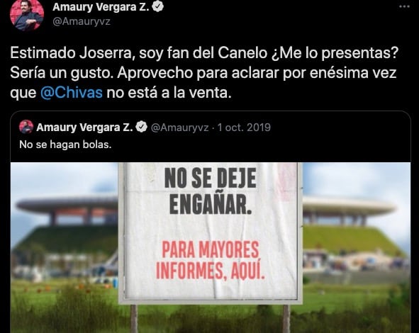 Tuit Amaury Vergara sobre venta de Chivas