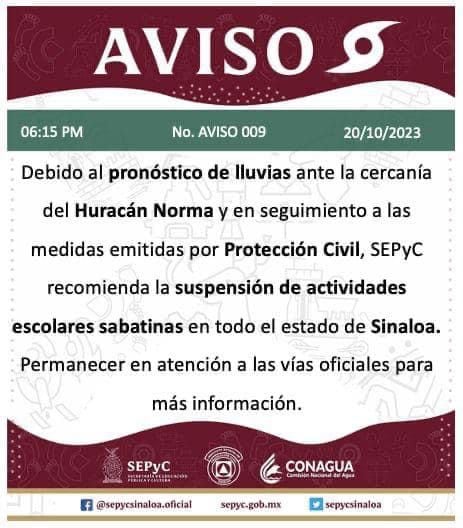 Suspenden clases en Sinaloa por huracán Norma