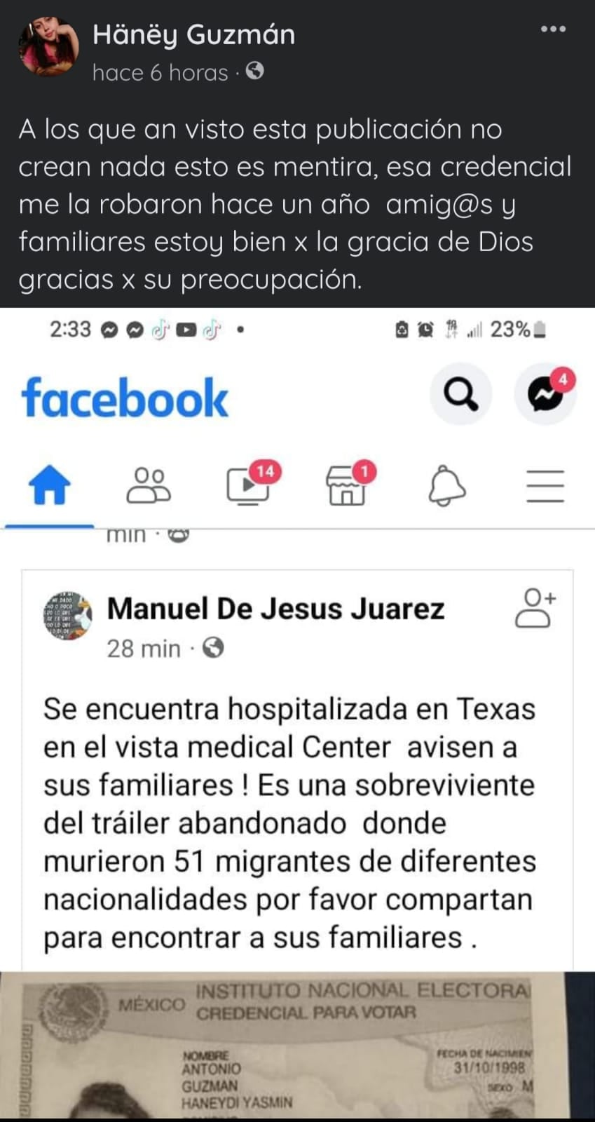 San Antonio, Texas: Haneydi Yasmín aclara que no es una de las mexicanas hospitalizadas; le robaron la credencial