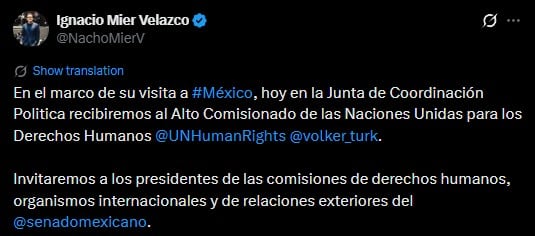 Ignacio Mier y Volker Türk se reúnen en el Senado por desapariciones en México