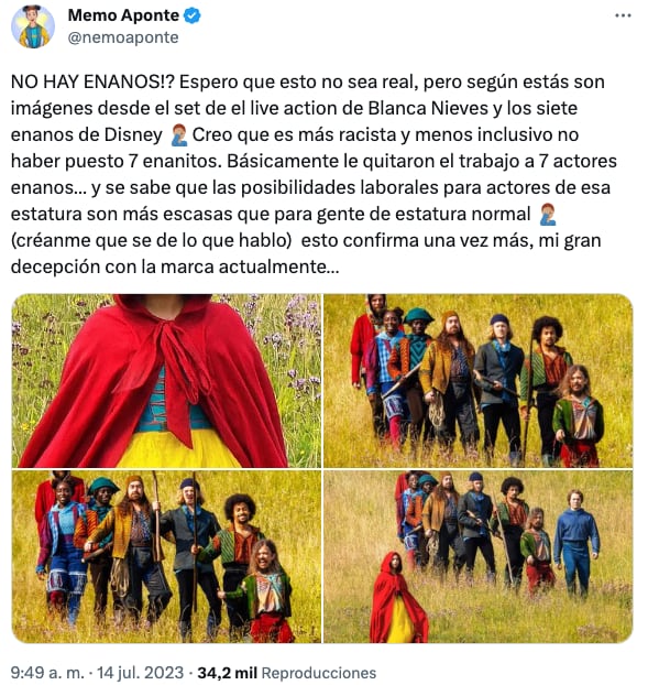 Memo Aponte critica al live action de Blancanieves por supuestamente no incluir enanos