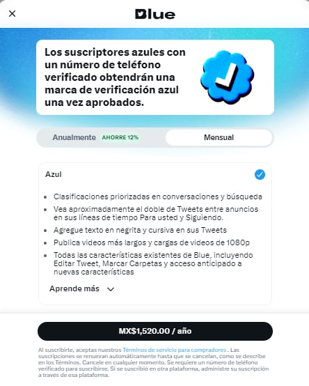 Precio mensual de Twitter Blue
