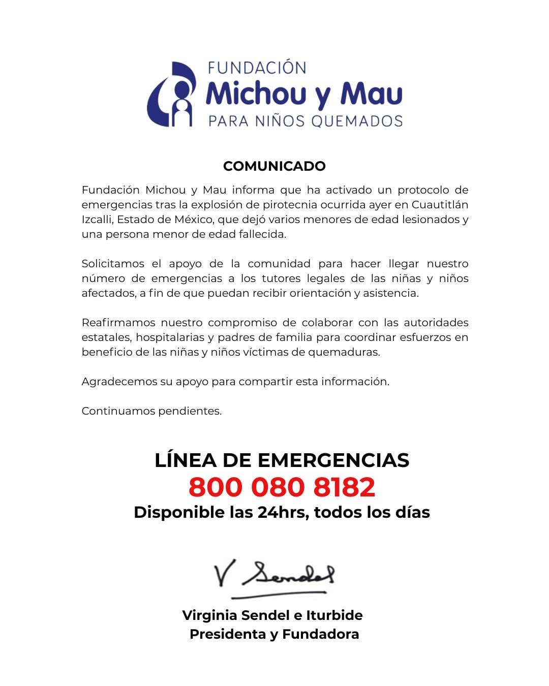 Comunicado de la fundación Michou y Mau sobre la ayuda a niños de la explosión de San Francisco Tepojaco.