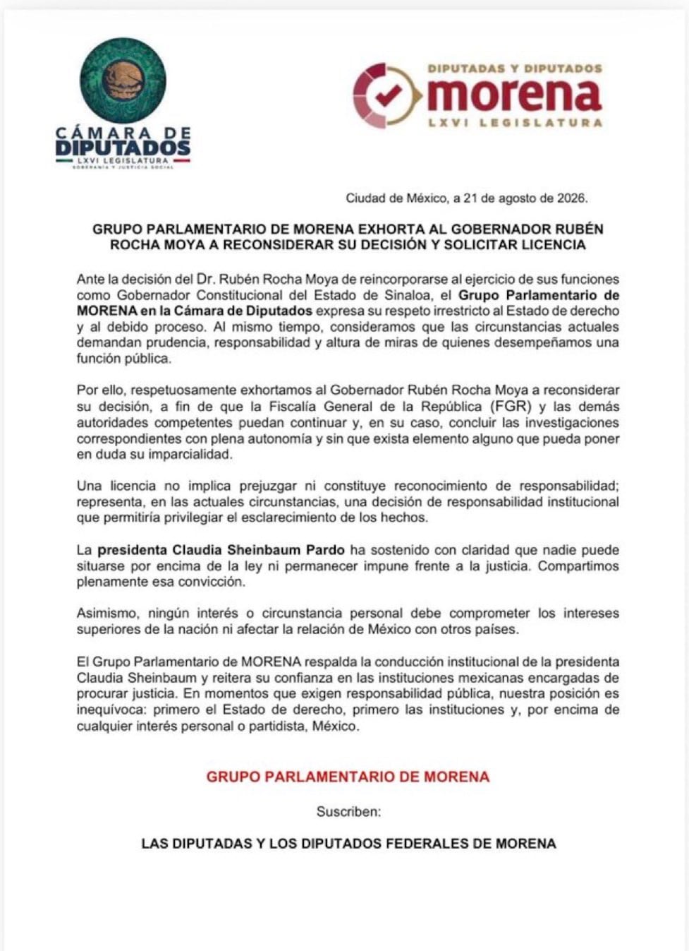 Diputados de Morena rechazan regreso de Rocha Moya y piden solicite licencia de nuevo