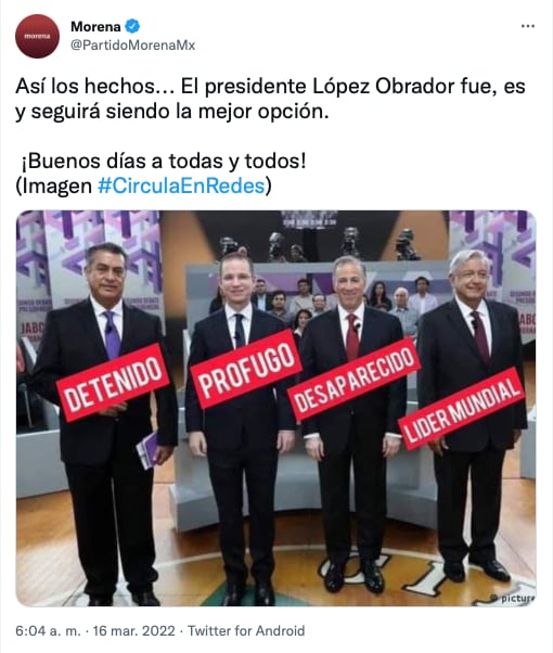 Morena compara a AMLO con "el Bronco y Ricardo Anaya/Twitter