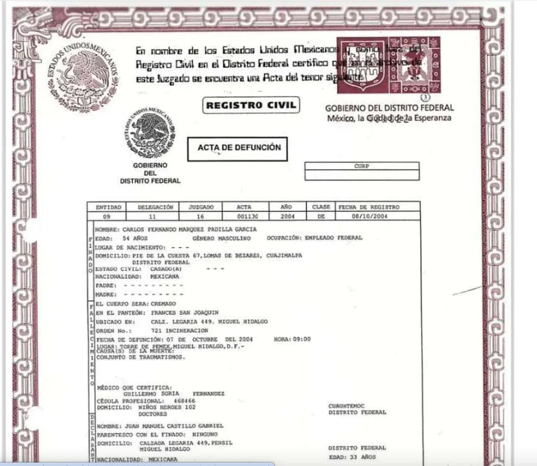 Acta de defunción habla solo de "traumatismos"