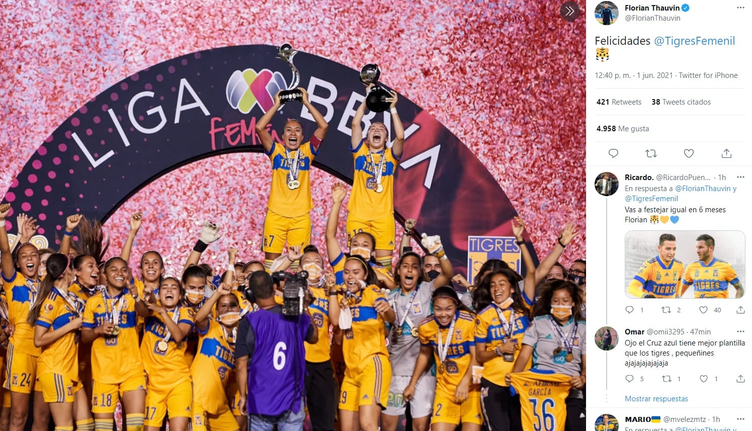 Florian Thauvin felicita a Tigres femenil