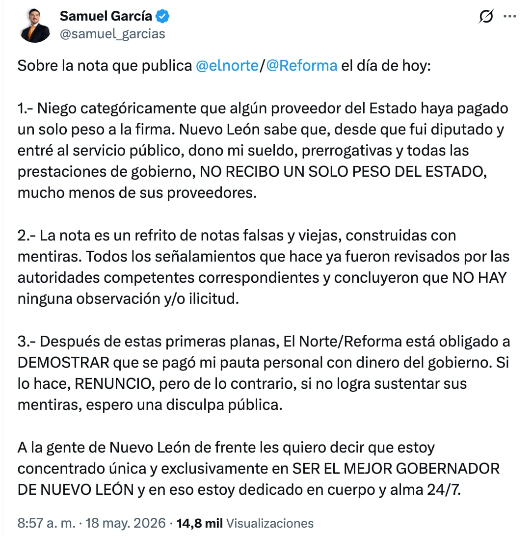 Samuel García, gobernador de Nuevo León, responde a nota del REFORMA