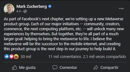 Mark Zuckerberg anuncia el desarrollo del 'metaverso' de Facebook