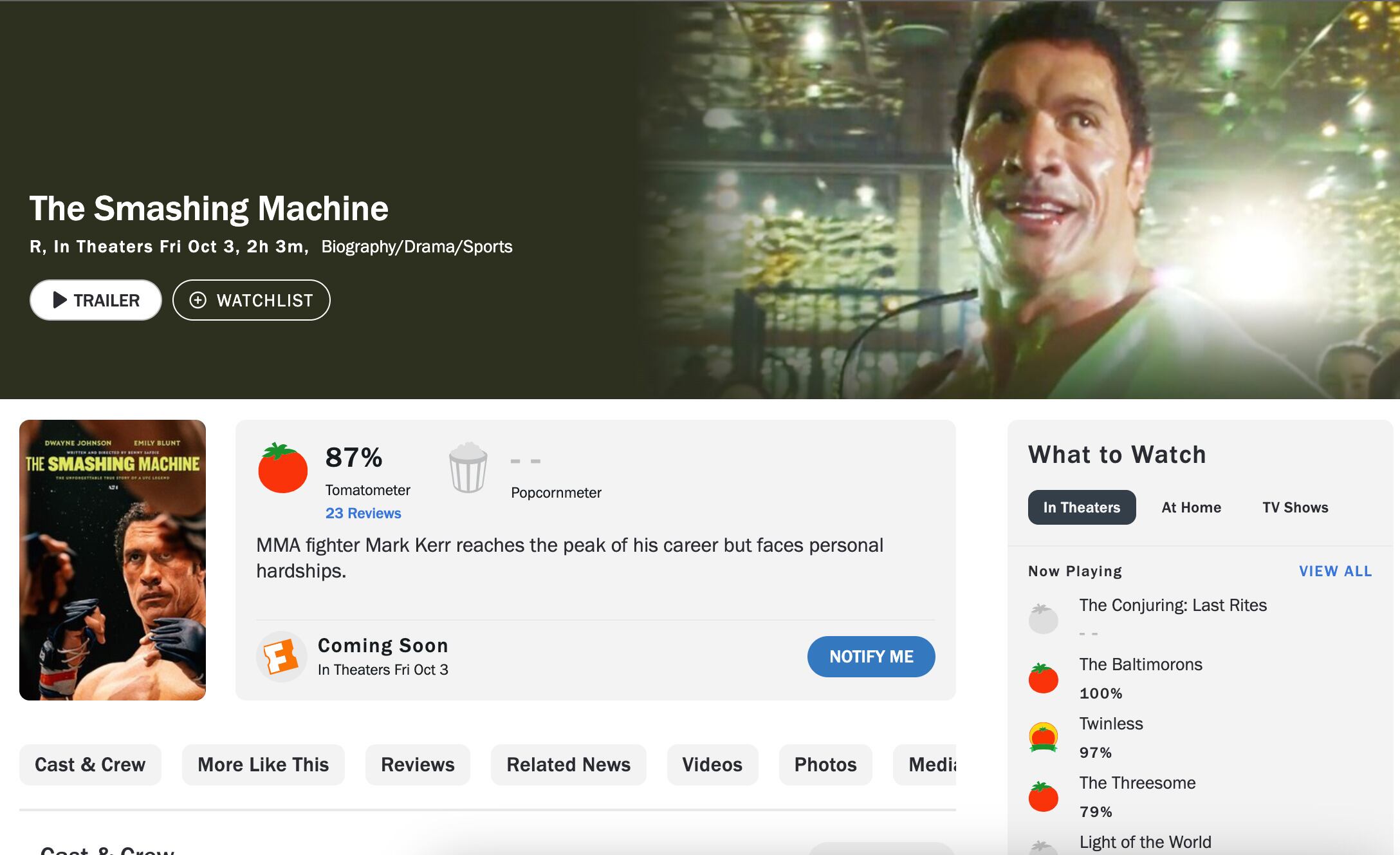Debut de The Smashing Machine con Dwayne Johnson, la Roca en Rotten Tomatoes