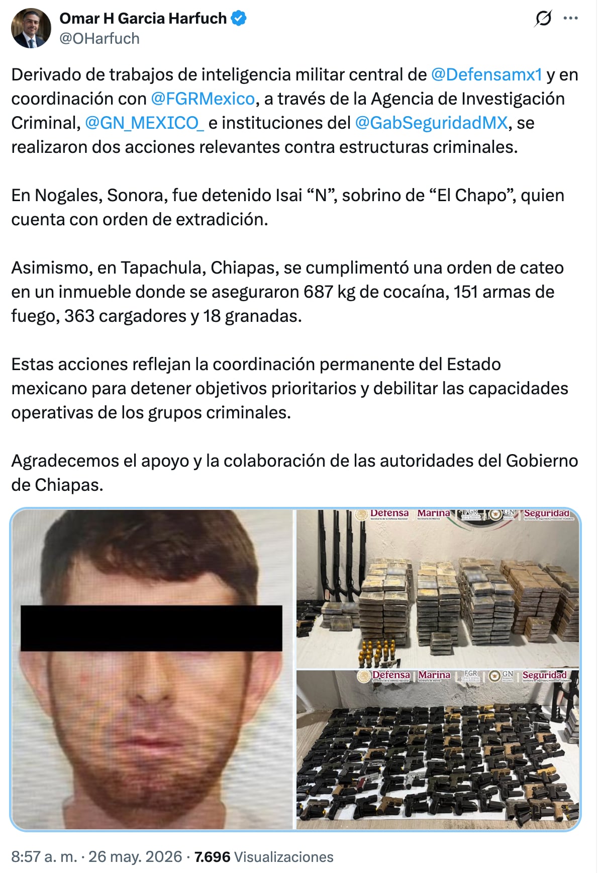 Omar García Harfuch anuncia la detención del sobrino de El Chapo Guzmán, Isai Martínez del Cártel de Sinaloa