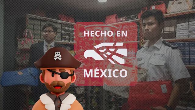 Animoji de un pirata, logo de Hecho en México en el centro y al fondo ciudadanos chinos