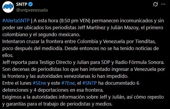 Prensa venezolana emitió alerta para dar con el paradero de los periodistas Jeff Martínez y Julián Mazoy