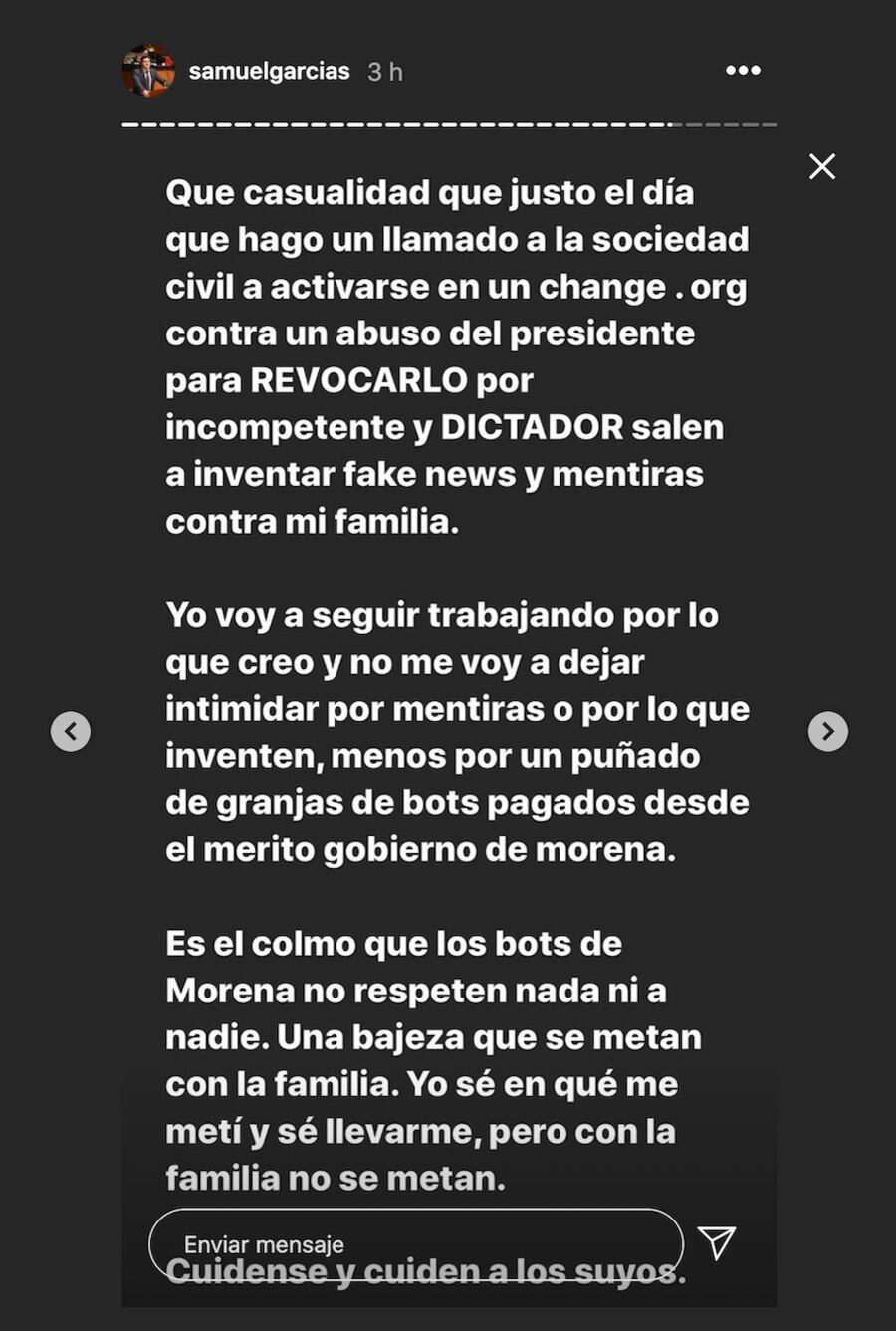 Samuel García usó su cuenta de Instagram para acusar los ataques.