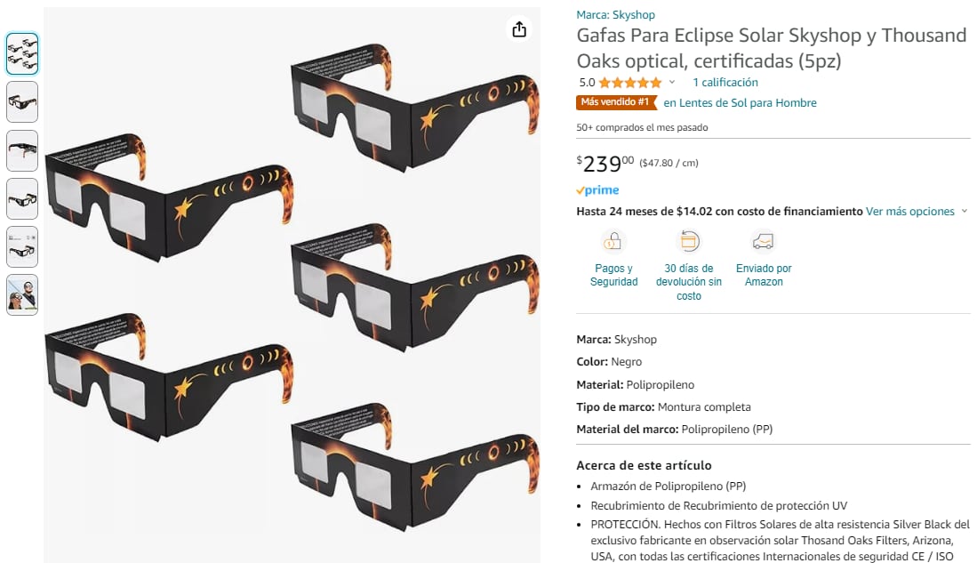 Lentes en Amazon para ver el eclipse