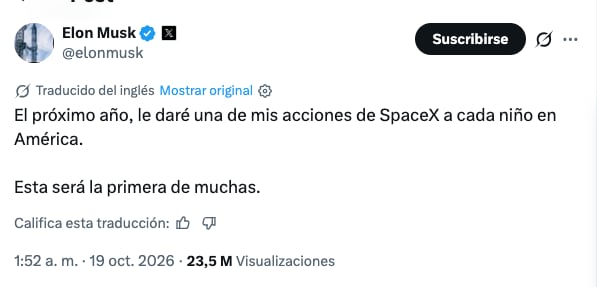 Elon Musk promete regalar acciones de SpaceX a los niños de Estados Unidos