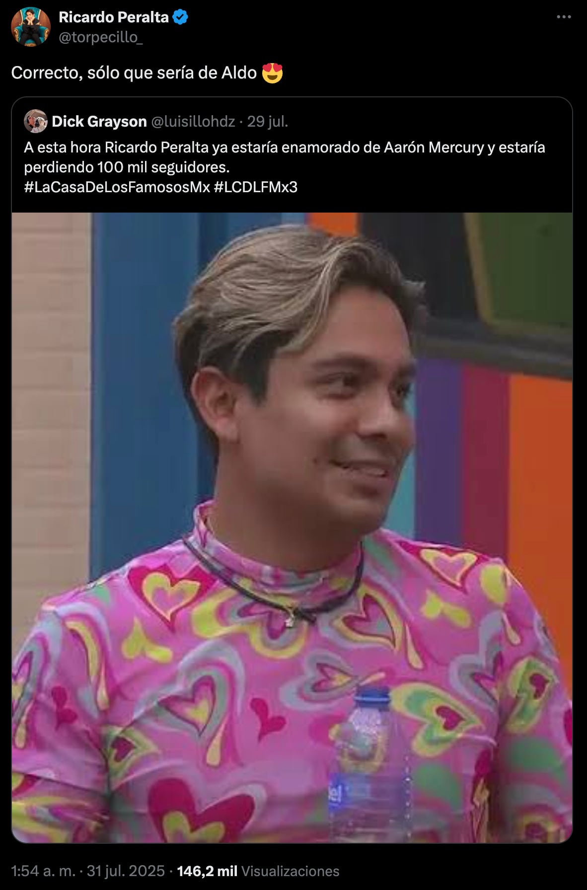 Ricardo Peralta asegura que ya estaría enamorado de Aldo Tamez de Nigris en La Casa de los Famosos México 2025