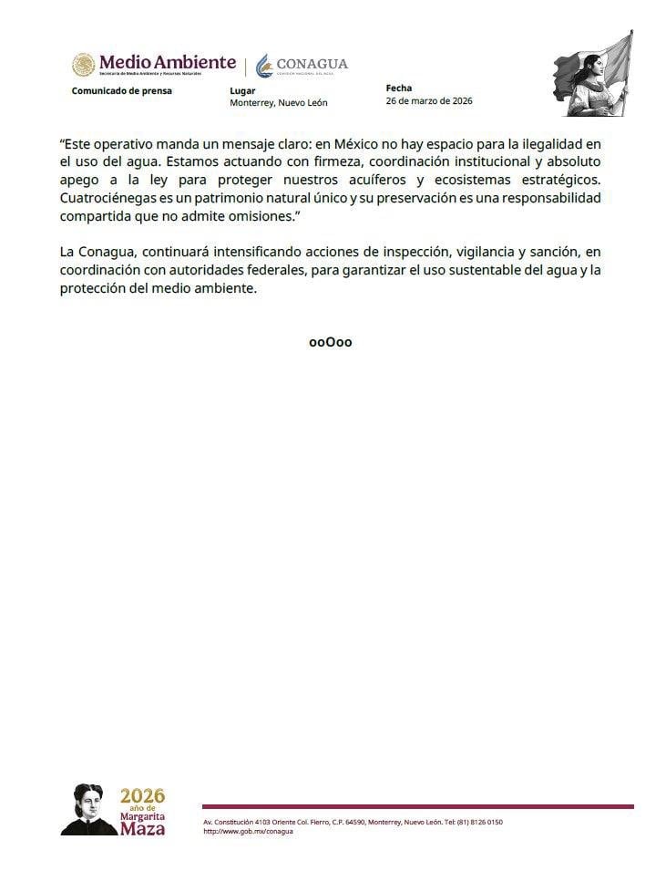 Conagua informa la clausura de Cuatro Ciénegas, Coahuila.