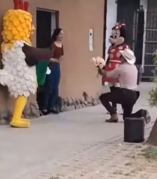 Agentes policiales del Grupo Terna se disfrazan de un pollo y un ranchero para llevarle flores a una delincuente y poder capturarla