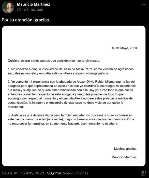 Mauricio Martínez envía comunicado para hablar de su enemistad con Olivia Rubio
