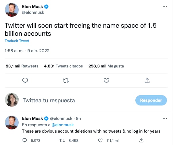 Elon Musk eliminará millones de cuentas de Twitter inactivas