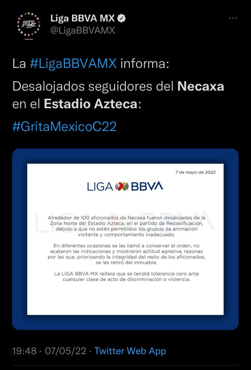 Comunicado de prensa de la Liga MX sobre el desalojo de los aficionados del Club Necaxa del Estadio Azteca.