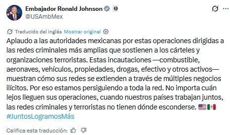 Ronald Johnson celebra el trabajo de México por detener a narcotraficantes.