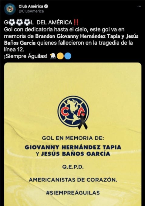 América dedicó el gol a 2 víctimas del accidente del Metro