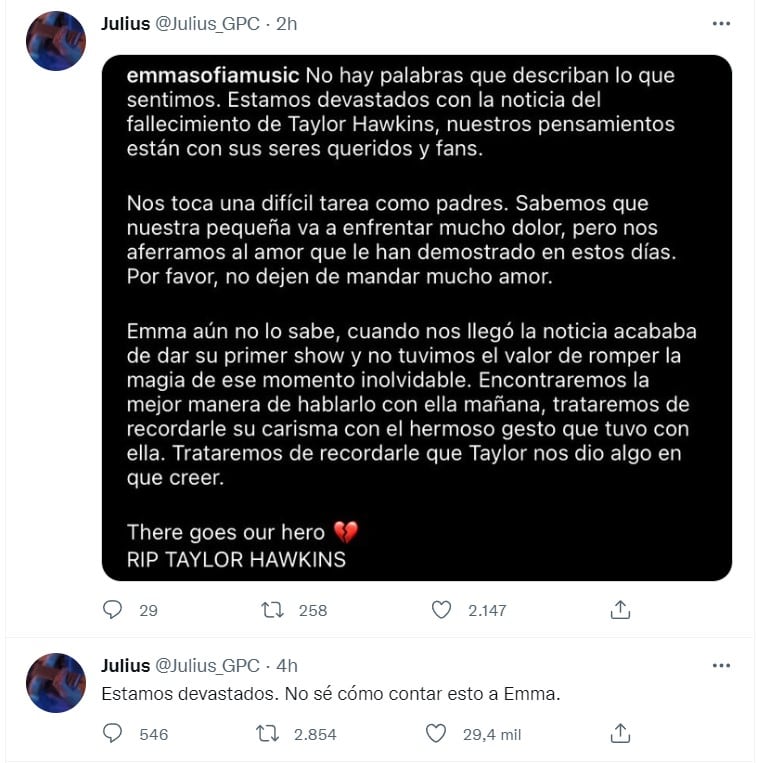 Tuit de Julio Peralta, padre de Emma