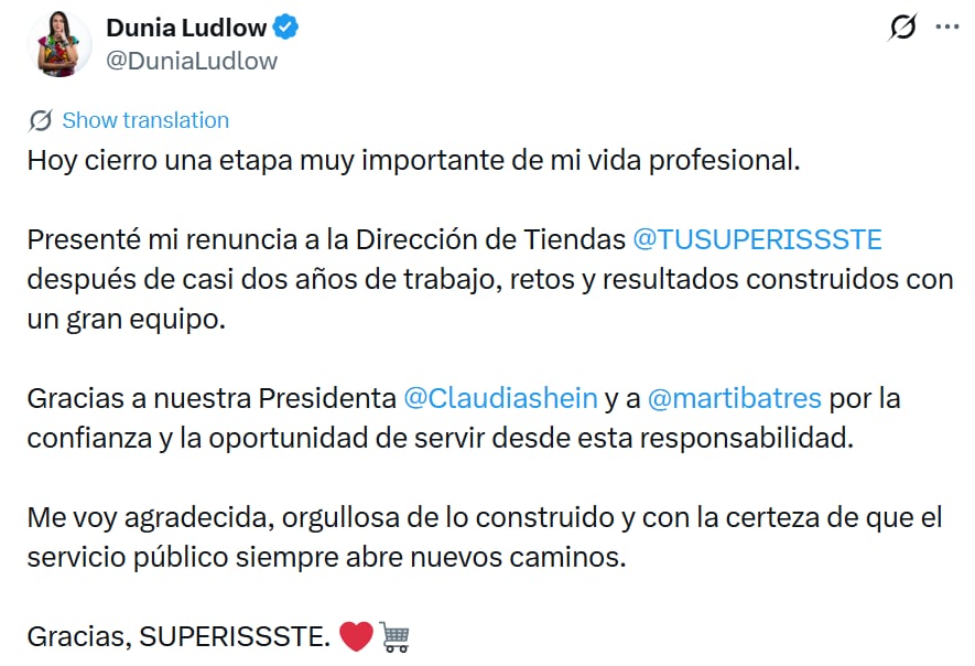 Dunia Ludlow deja la dirección de Tienda SUPERISSSTE: Su mensaje
