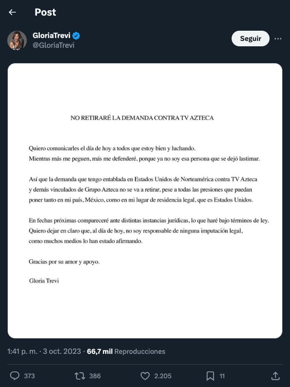Comunicado de Gloria Trevi por la demanda contra TV Azteca