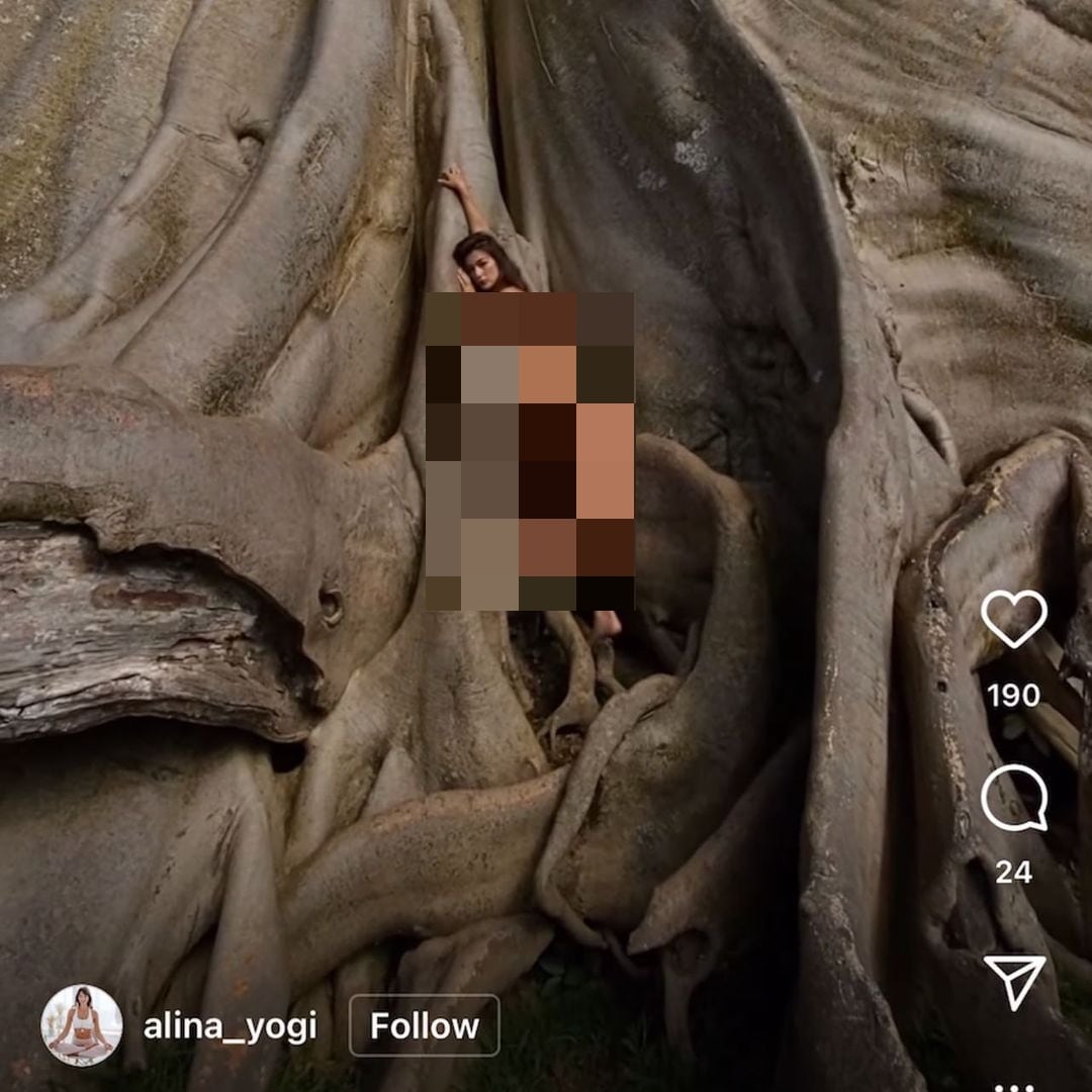 Influencer rusa que se toma foto desnuda en árbol sagrado de Bali