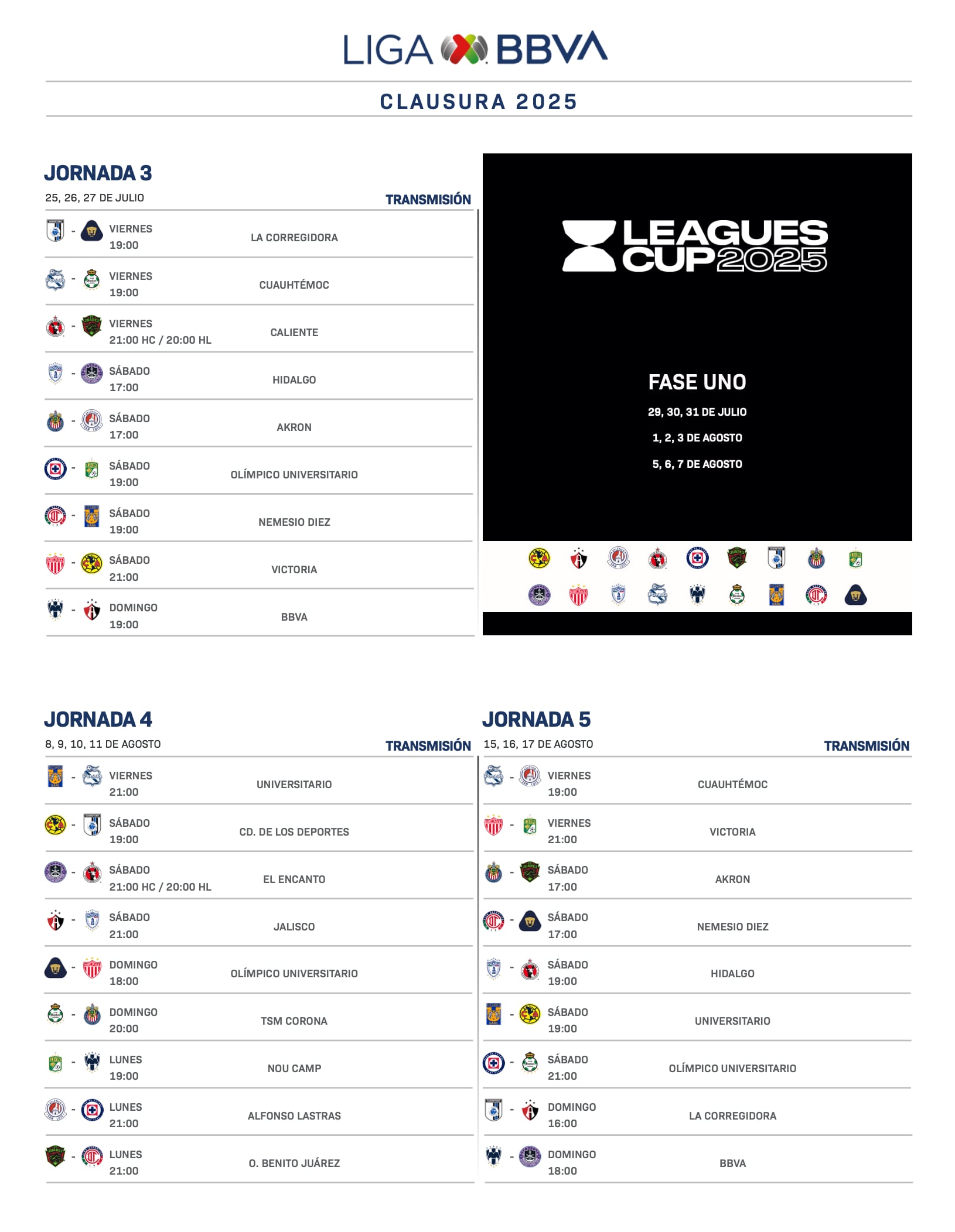 Calendario del Apertura 2025 de la Liga MX.