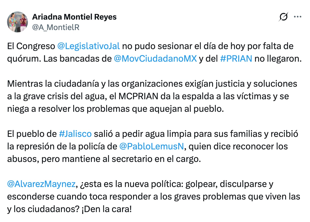 Ariadna Montiel acusa a MC, PRI y PAN de frenar el debate sobre el agua en Jalisco